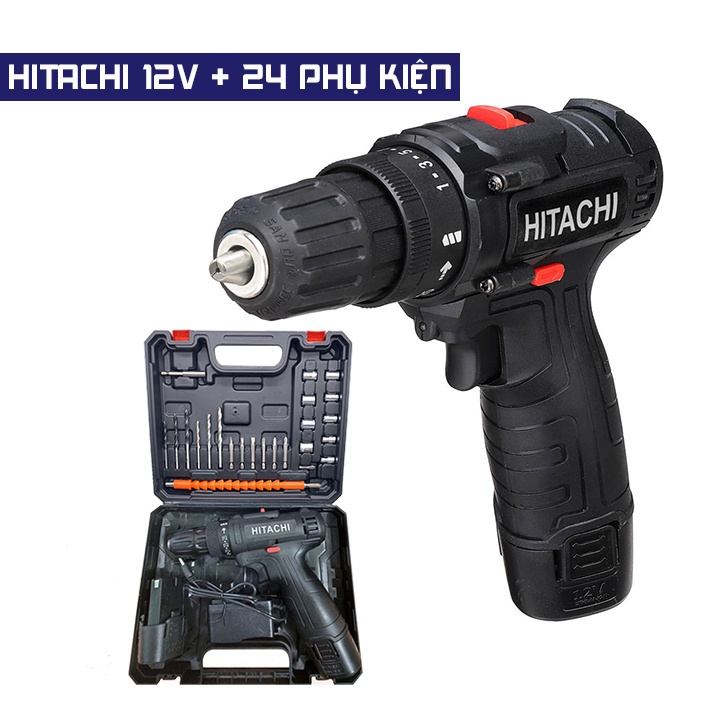 Tặng 24 Phụ Kiện - Máy Khoan Pin Cầm Tay Hitachi 12V - Máy Bắn Vít Cầm Tay Mini