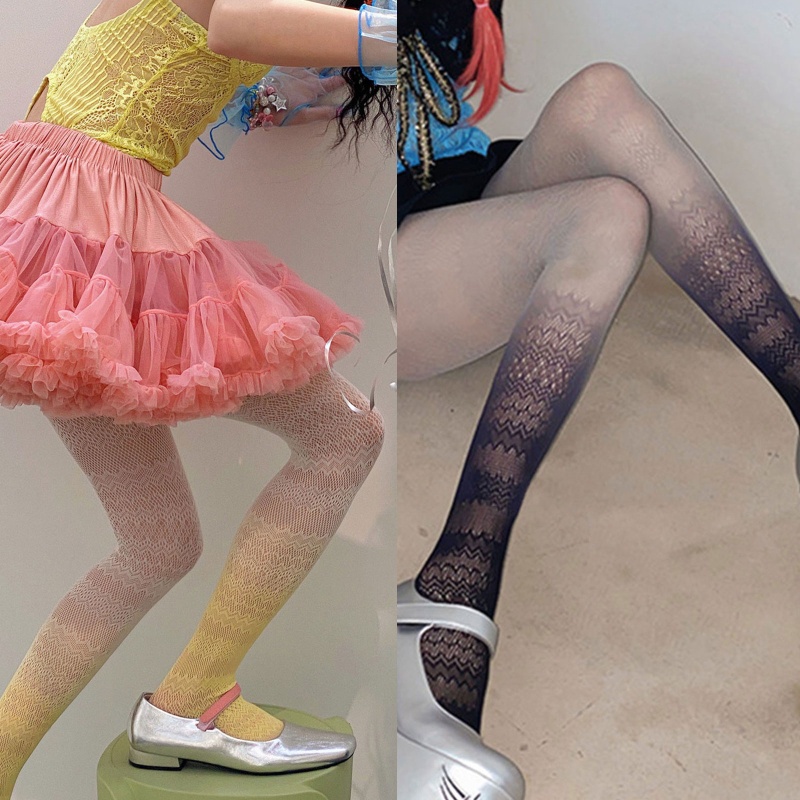 Xixi Quần Tất Lưới Kẻ Sọc Màu Gradient Phong Cách Lolita Cá Tính Cho Nữ