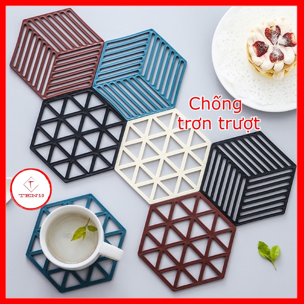 Đế lót ly miếng lót nồi bằng nhựa hình lục giác cách nhiệt tốt chống trơn trượt họa tiết đơn giản sang trọng