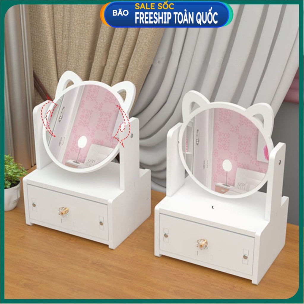 Kệ mỹ phẩm mèo 1 ngăn kéo - Kệ để đồ trang điểm kèm gương tai mèo xinh xắn .