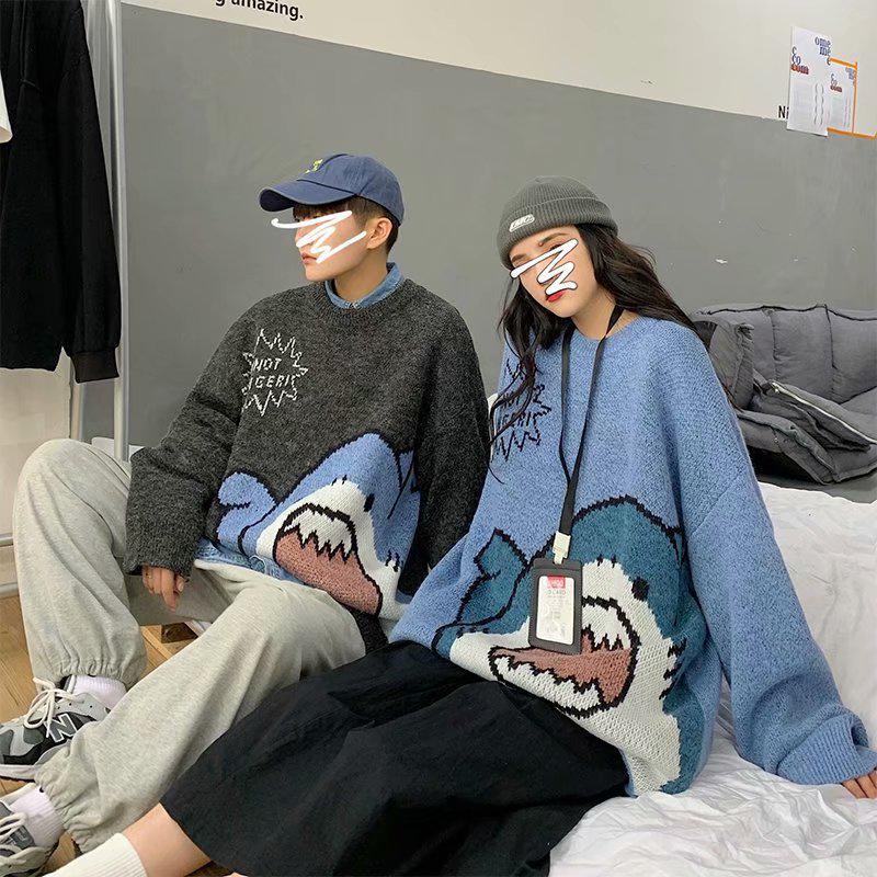Áo Sweater Tay Dài Dáng Rộng In Hình Họa Tiết Cá Mập Thời Trang Unisex