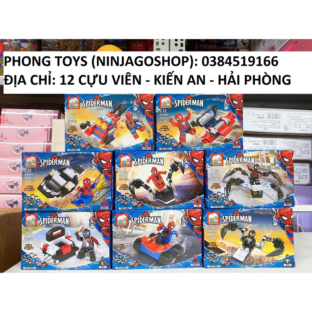 Lắp ráp xếp hình 8 BỘ LEGO NGƯỜI NHỆN 1203 AVENGERS : CHIẾN BINH SPIDERMAN NGƯỜI NHỆN ĐỎ VÀ ĐEN 8 IN 1