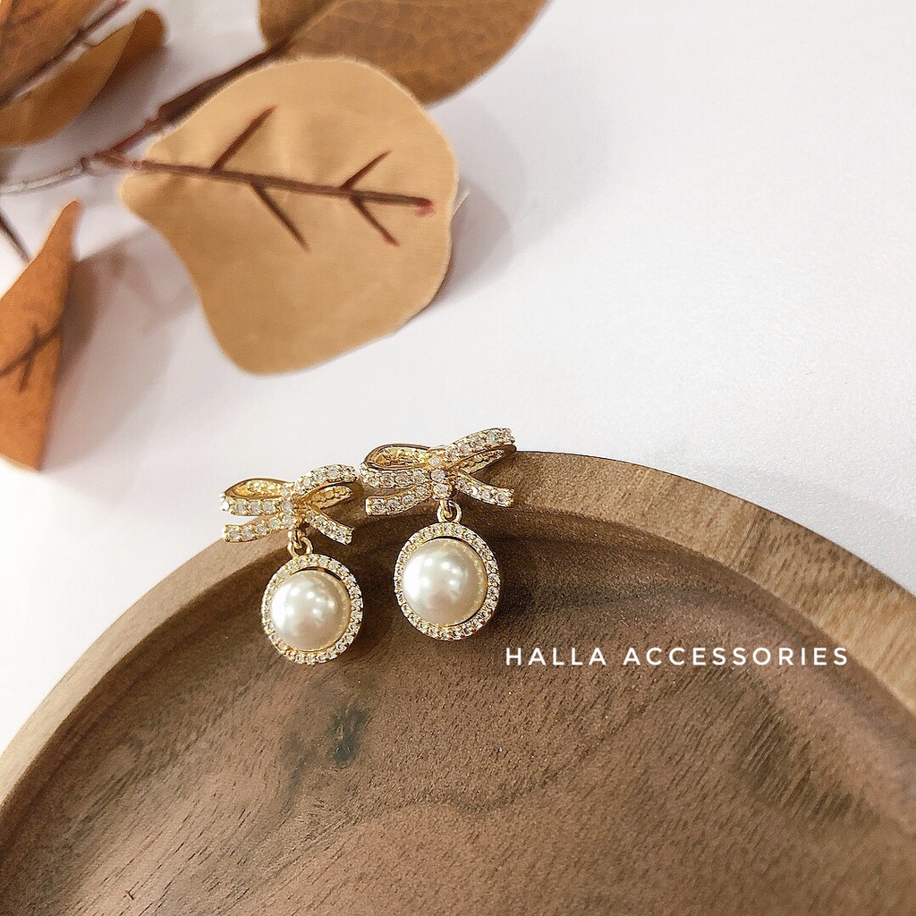 Khuyên tai bạc S925 Hình Nơ đính hạt trai cao cấp HALLA BT130