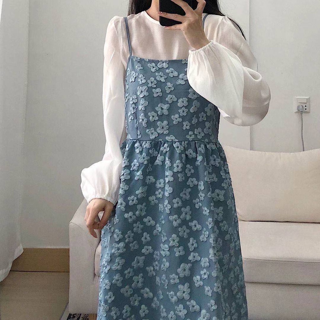 Set Áo Sơ Mi Tay Phồng Dáng Rộng + Đầm Hoa Hai Dây Xinh Xắn Dành Cho Nữ