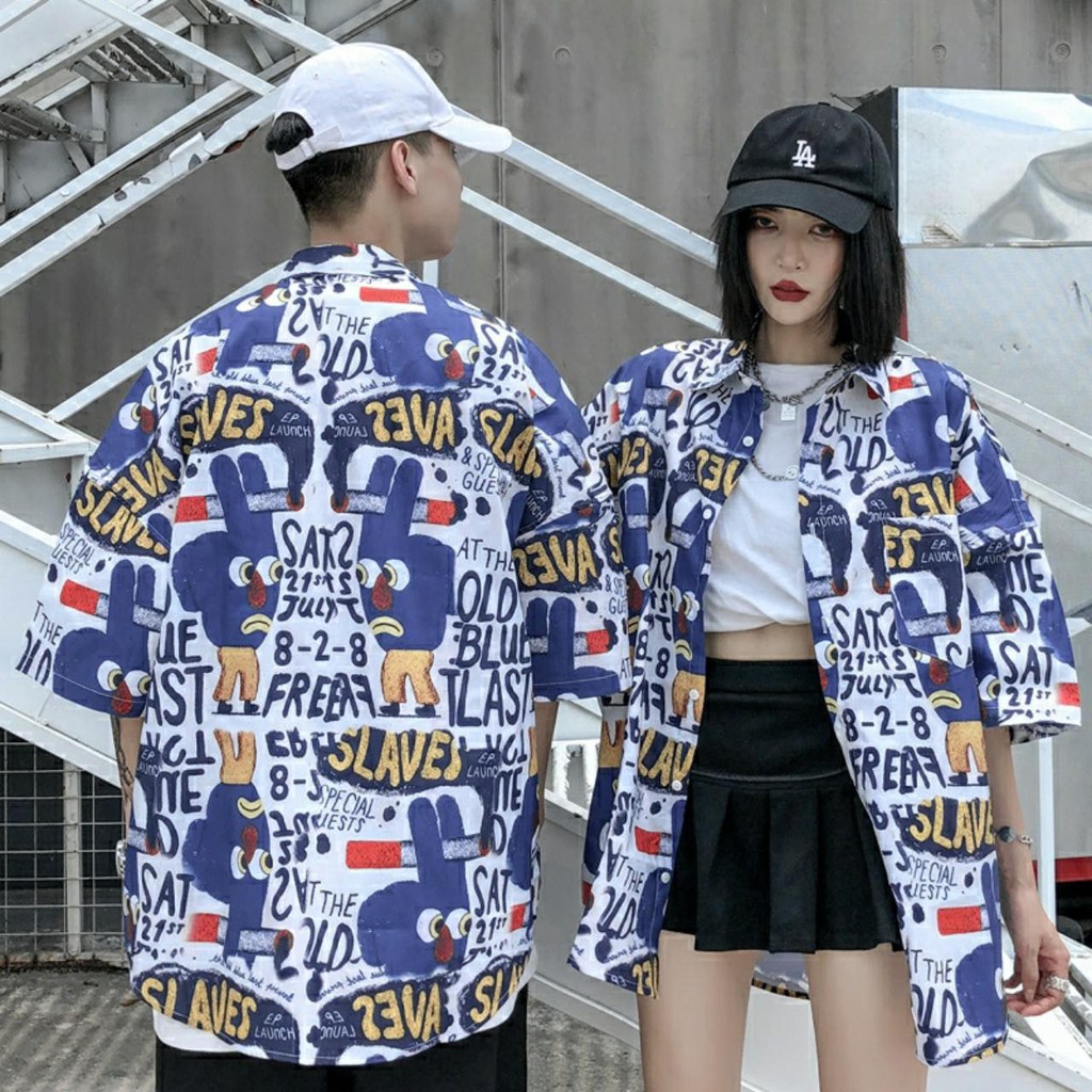 Áo sơ mi nam nữ oversize chữ HH SLAVES xanh dương