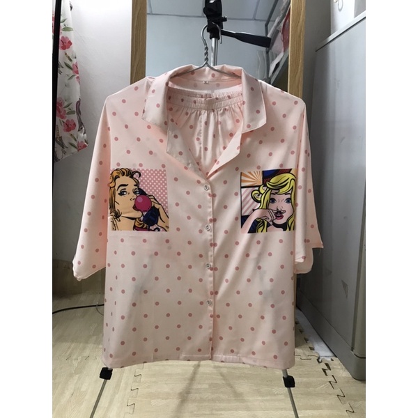 Pijama tay lỡ cánh dơi quần hình cô gái lụa