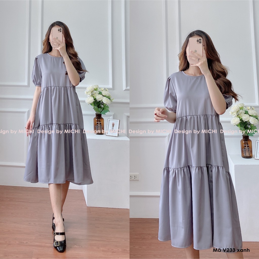 Váy babydoll 3 tầng, cổ nơ, đầm xuông rộng, váy suông freesize, nhiều màu, mã V233 - Michi's House