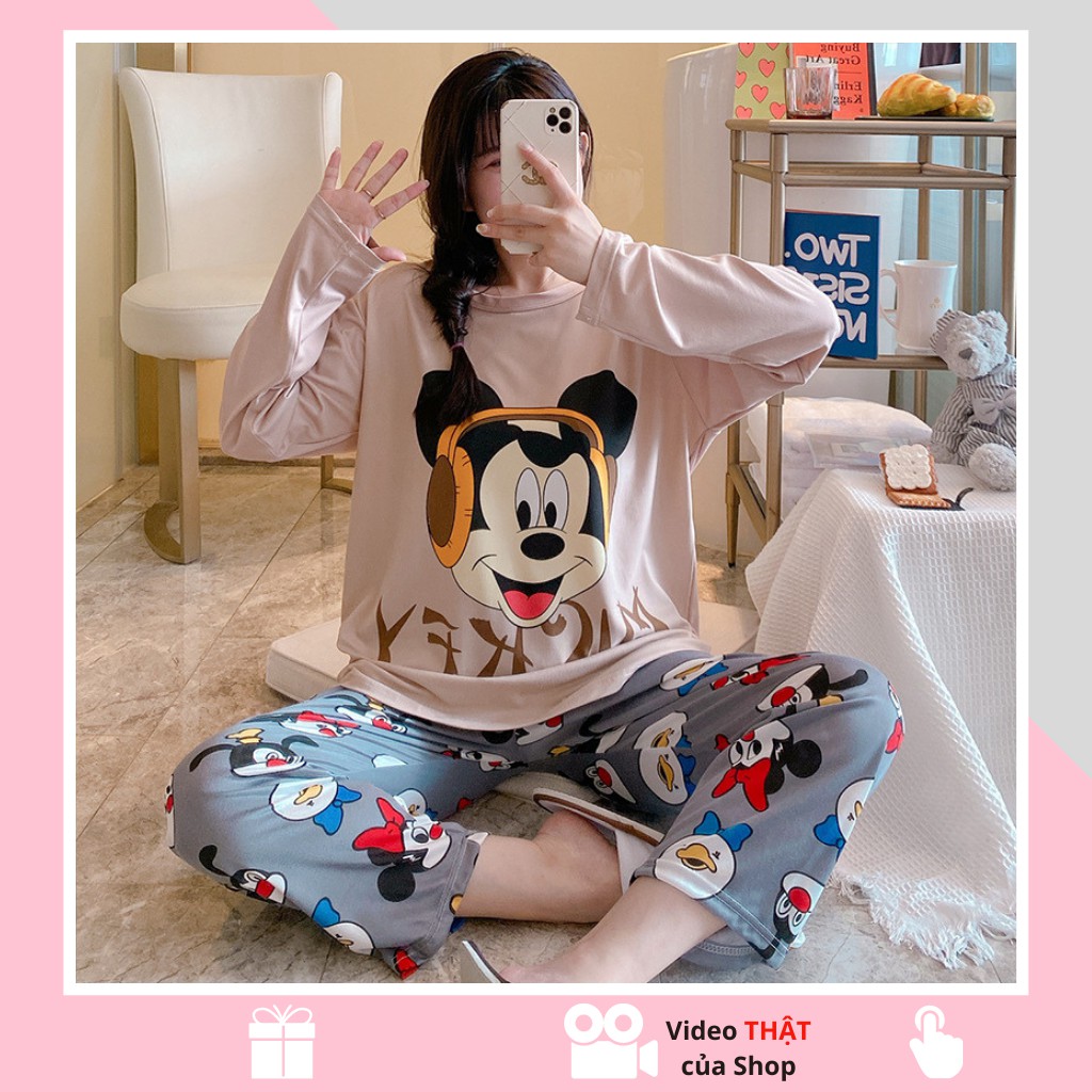 Bộ đồ ngủ, đồ ngủ nữ dài tay pijama freesize cotton chuột micky hàng Quảng Châu siêu đẹp (ẢNH/VIDEO THẬT)
