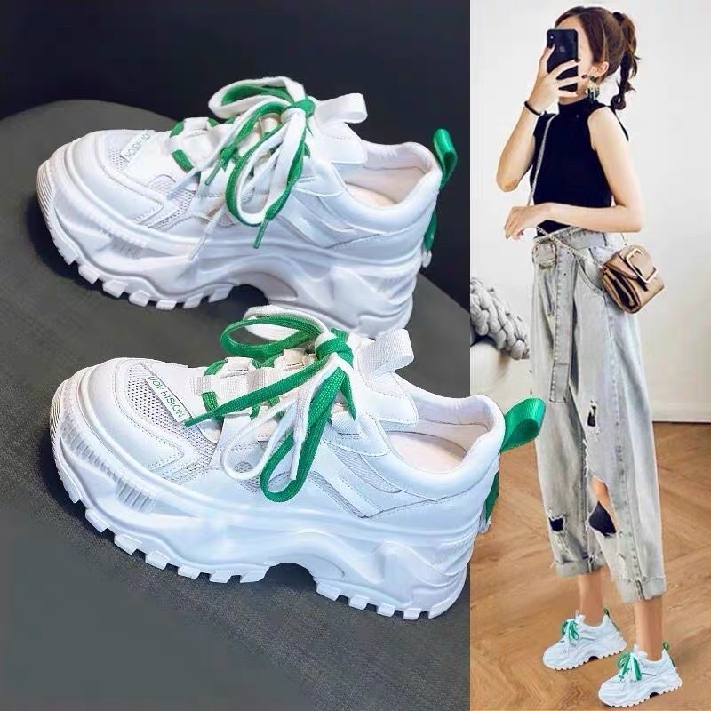 Giày thể thao nữ đế độn 4p DÂY KÉP trắng Xanh cao cấp