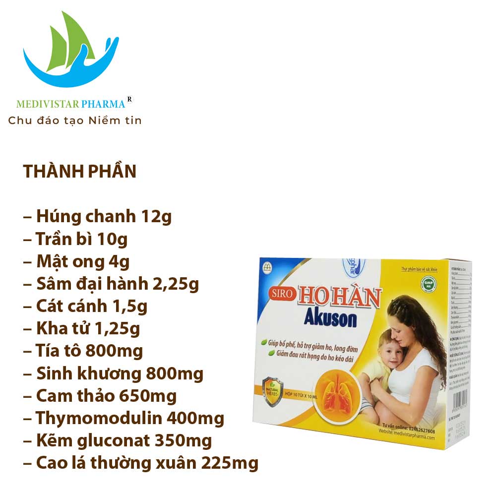 Siro Ho Cho Bé Akuson MEDIVISTAR PHARMA Chiết Xuất Thảo Dược Hỗ Trợ Long Đờm, Bổ Phế, Giảm Khàn Tiếng Hộp 10 Ống