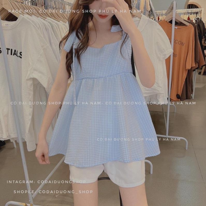Set Áo Babydoll 2 Dây Kẻ Caro Xanh Xốp Kèm Quần Short Trắng(Hàng Sẵn, Ảnh Thật)