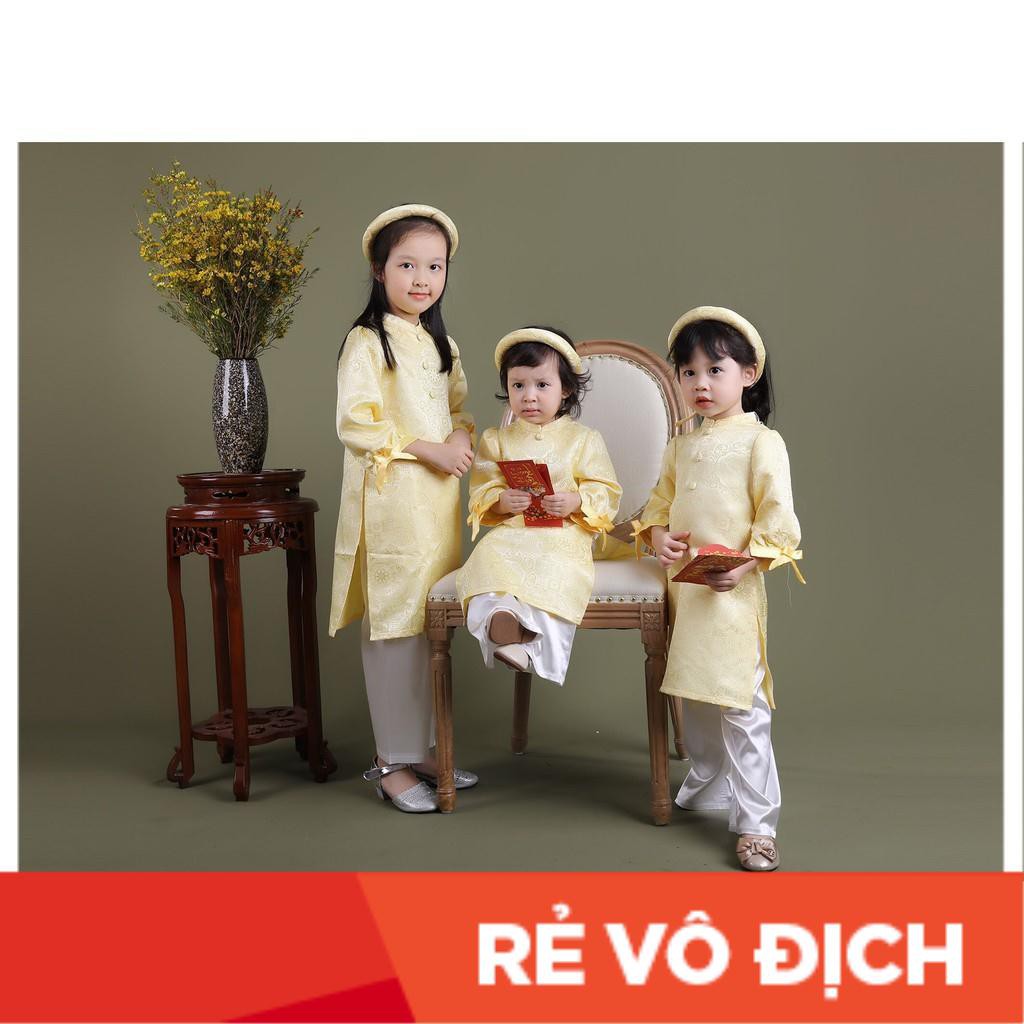 ÁO DÀI TẾT CHO BÉ - Áo dài tay nơ đính cúc ngực, kết hợp quần lụa, kèm mấn cho bé gái size 1-7T, cho bạn từ 9-22kg