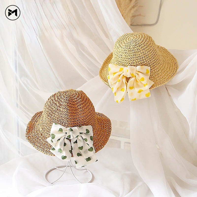 Mũ Cói Chống Nắng Vành Rộng Gấp Gọn Đính Nơ Mới Cho Bé Gái