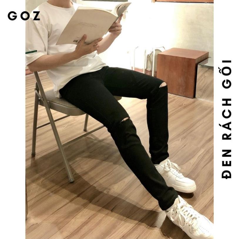Quần Jean Nam GOZ Màu Đen, Rách Gối - Trơn ,Phom Ôm, Trẻ Trung, Thanh Lịch, Co Giãn Tốt , Size &lt; 84Kg