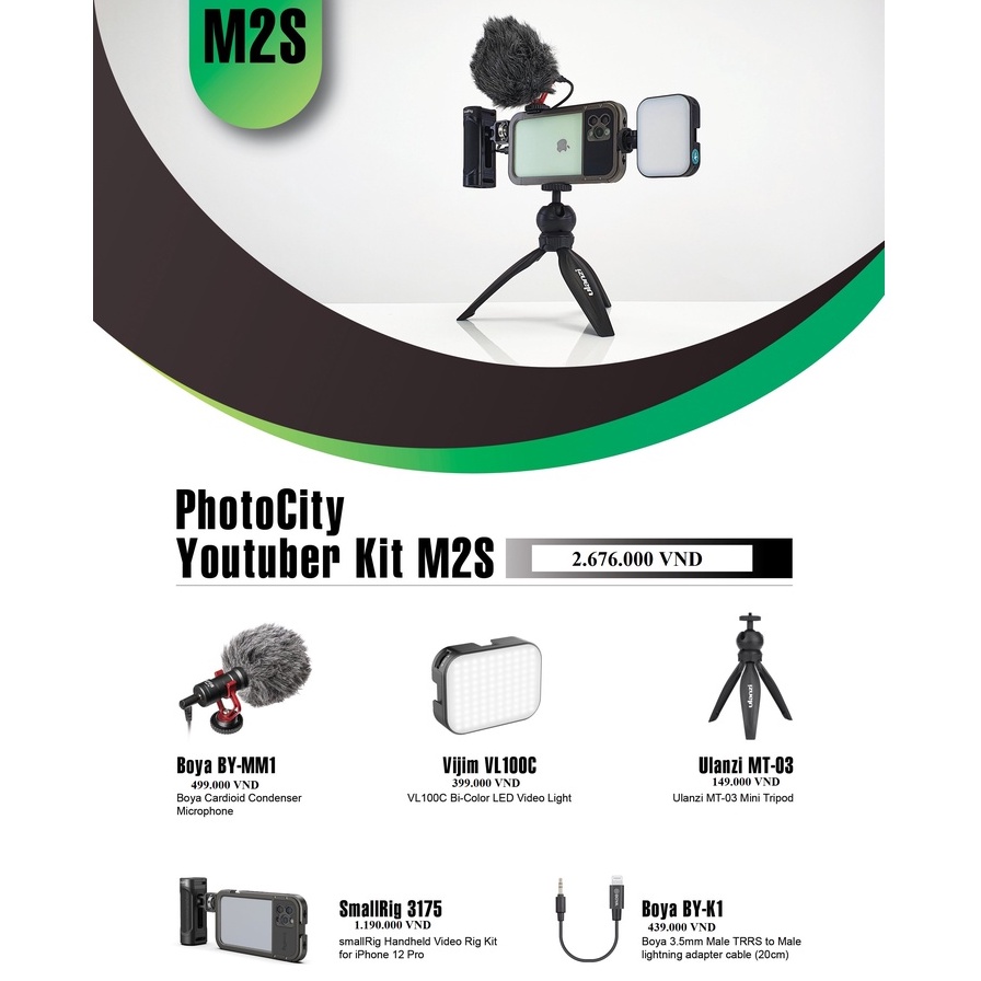 PHOTOCITY YOUTUBER KIT M2S - Combo Mic thu âm BOYA BY-MM1 và Phụ kiện dành cho điện thoại iPhone 12 Pro