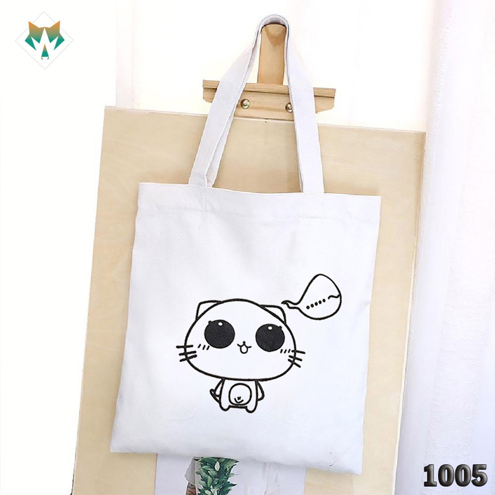 Túi Tote Trắng Chất Vải Canvas 1005 466 Chú Mèo Suy Tư Hàng Chuẩn Đẹp - Hazo