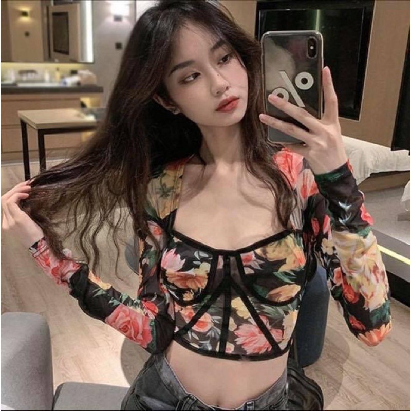 Áo croptop kiểu hoa tay dài cúp ngực tiểu thư - Order taobao quảng châu