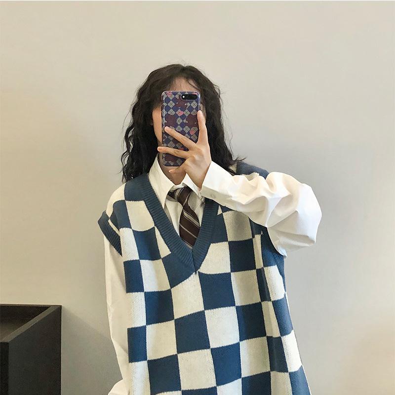 【Keroro】Áo Gile len đan nữ Cổ tim Kẻ sọc Caro Form rộng Phong cách | BigBuy360 - bigbuy360.vn
