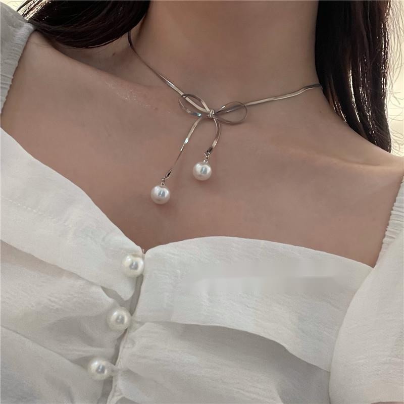 Dây Chuyền Bạc 19A1610 Hình Nơ Đính Ngọc Trai Thời Trang