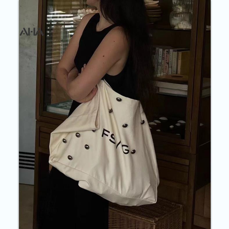 Túi xách AHA official canvas cỡ lớn đính hạt tròn in họa tiết dễ thương