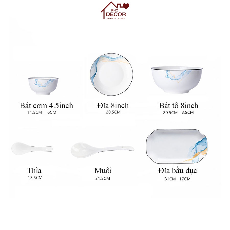 Bộ Bát Đĩa Ăn Cơm Phố Decor Họa Phong Cách Bắc Họa Tiết Lụa Mềm Mại - Mẫu 5