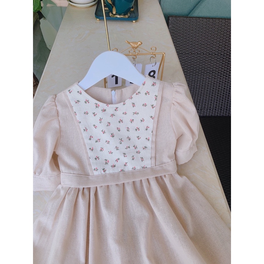 Váy đầm thiết kế vintage cho bé gái từ 8-32kg chất linen bột màu be mềm mịn mát