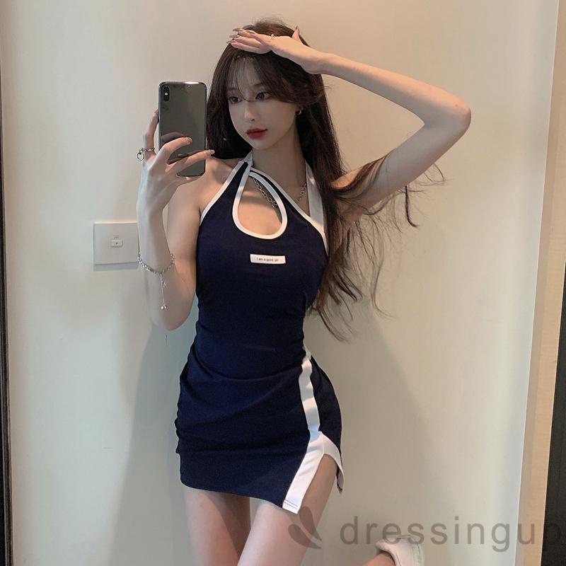 Đầm ôm cổ yếm hở lưng màu sắc thời trang mùa hè cho nữ