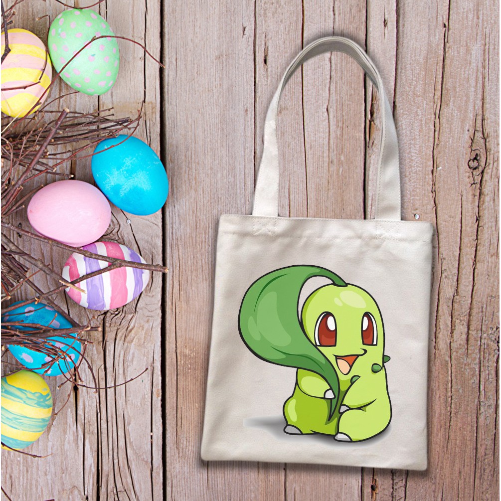 Túi Tote Unisex vải bố dày có dây kéo hình Cúc dại Chikorita Pokémon