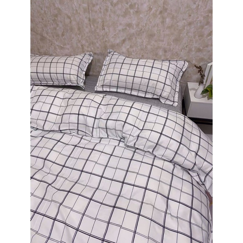 Set Chăn Ga Cotton Poly Kẻ Caro Trắng Ga Dạ Xám Hàng Xuất Nhất (Shinbedding.shop)