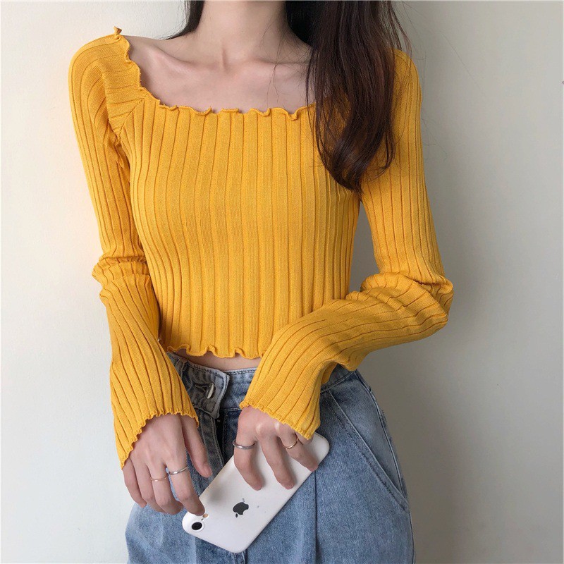 Áo croptop dài tay ulzzang ôm body trễ vai chất len tăm Hàn Quốc C64 - Maoshop