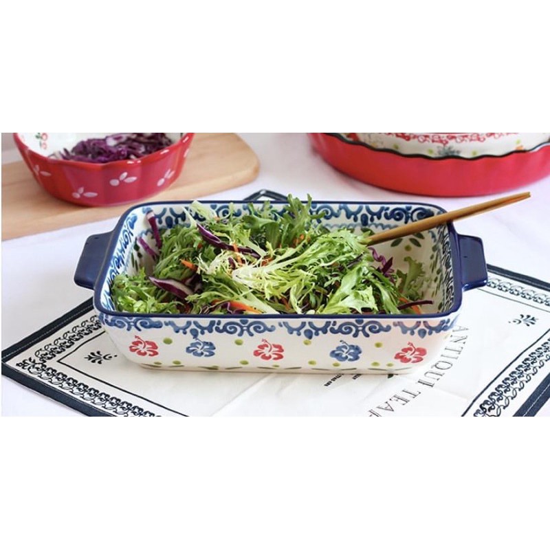Khay sứ chữ nhật 2 tai Hoa bướm thổ cẩm Bắc Âu
