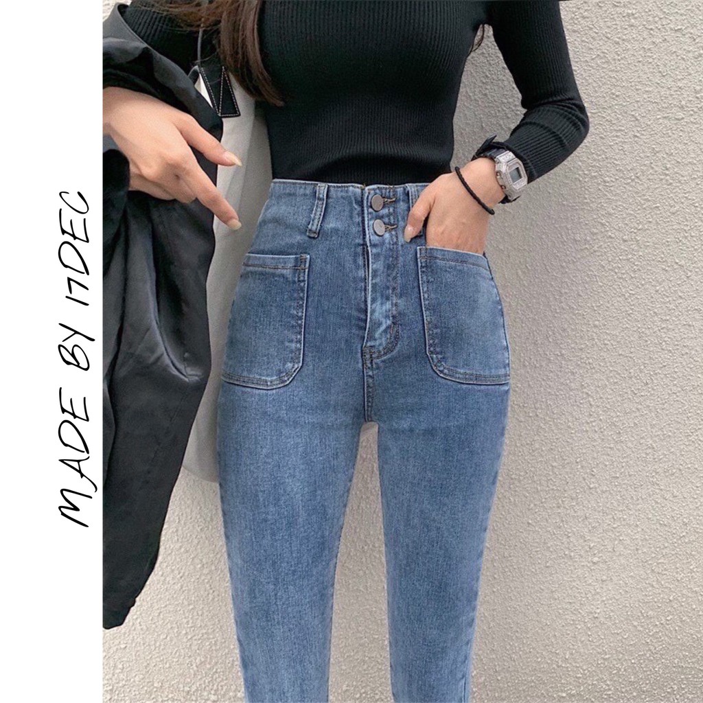 Quần jean túi ốp 17DEC, quần bò cạp cao 2 túi vuông phong cách ulzzang cho nữ | BigBuy360 - bigbuy360.vn