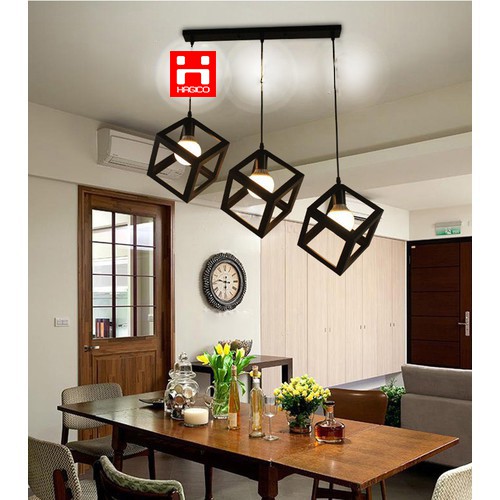 Đèn trang trí thả trần khung sắt hình lập phương hình vuông
