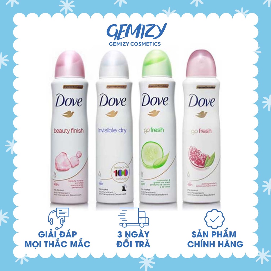 Xịt khử mùi Dove nữ 150ml ngăn mồ hôi cơ thể, kháng khuẩn, khô thoáng - Gemizy Shop