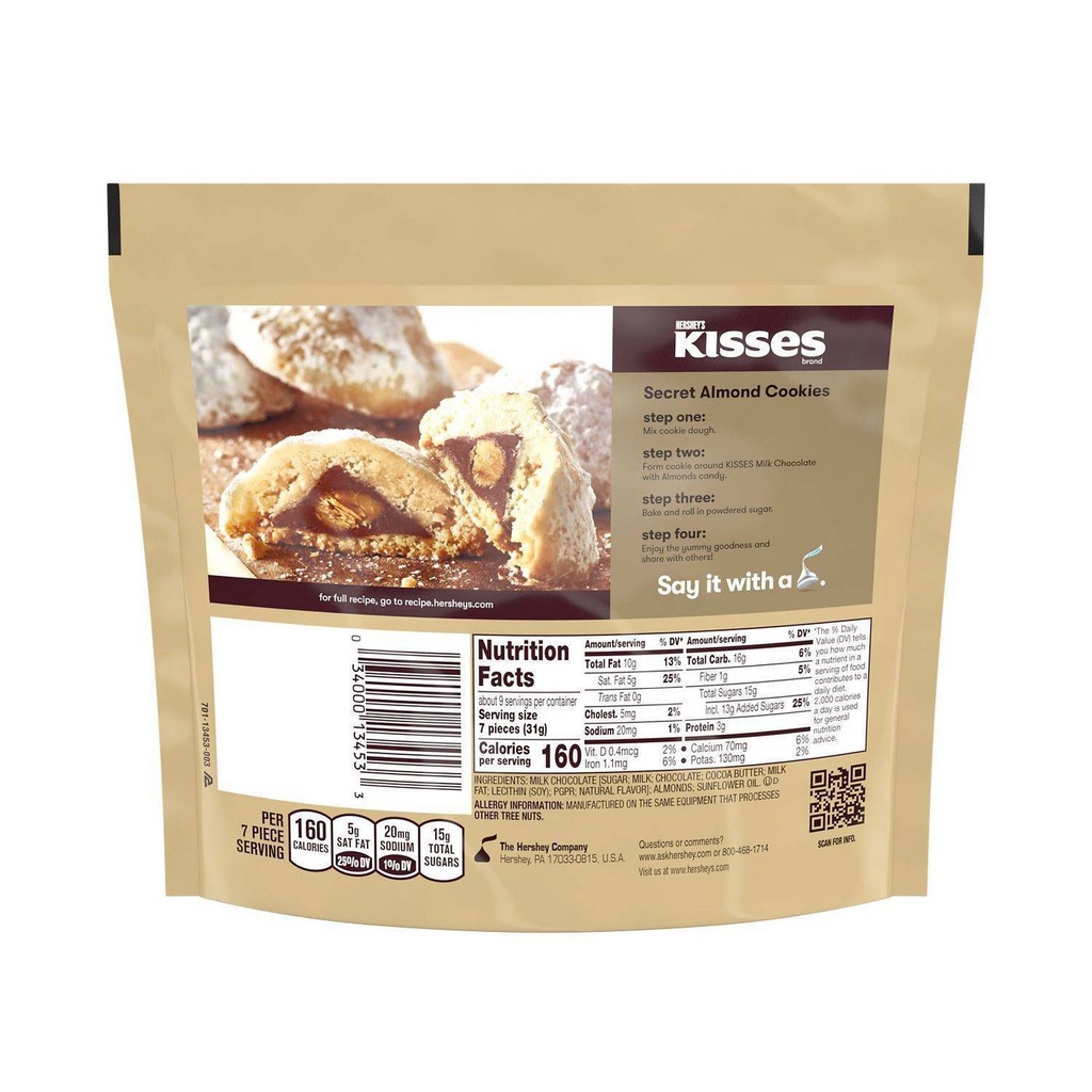 TÚI 283g SOCOLA SỮA HẠNH NHÂN Hershey's Kisses Almond Chocolate Candy, Share Bag (10oz)