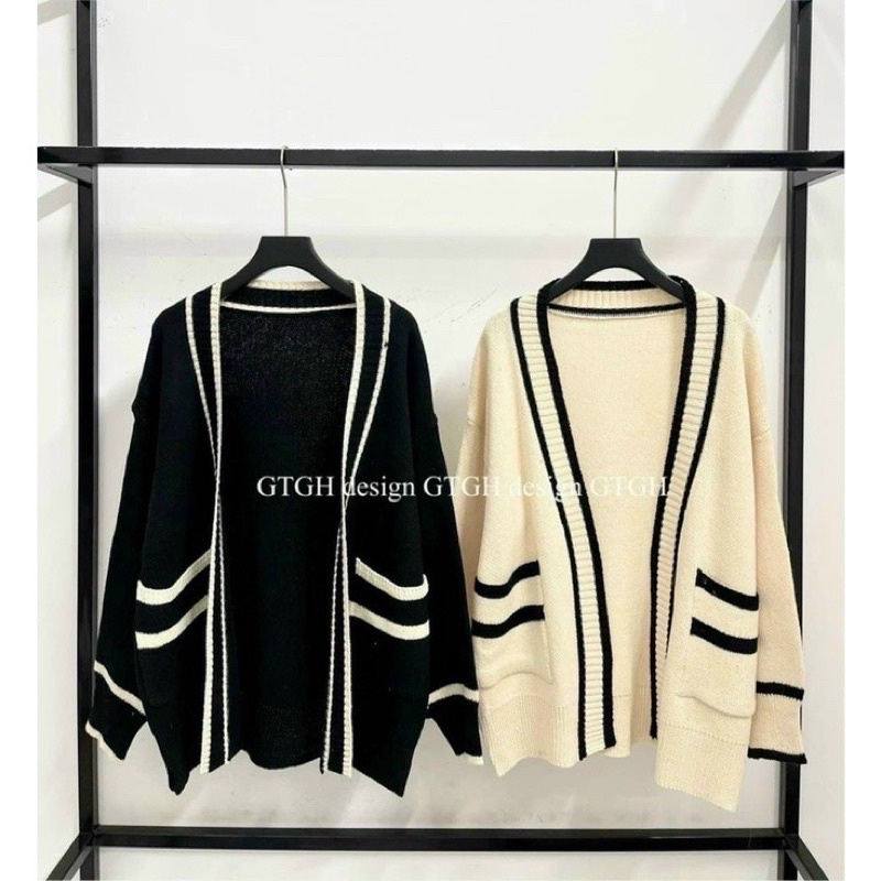Áo khoác cardigan len viền sọc đen trắng siêu xinh