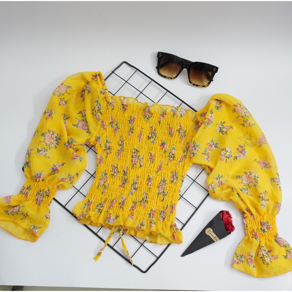 [Nhiều màu] ÁO HOA VOAN RÚT DÂY TAY DÀI (hàng thiết kế) | BigBuy360 - bigbuy360.vn