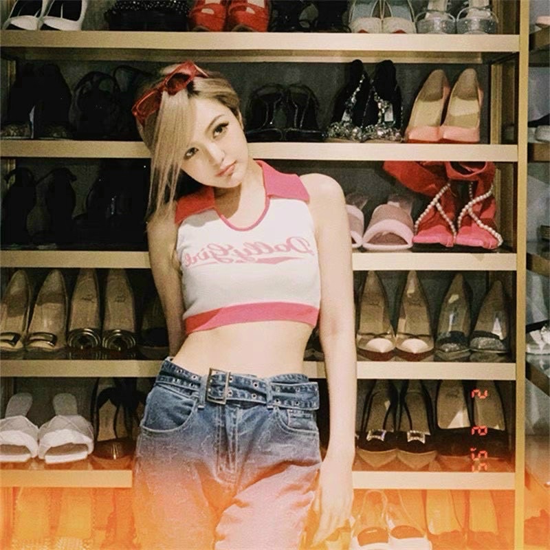 Áo DOLLY GIRL GB ba lỗ cổ sơ mi croptop phối màu thun gân cho Nữ - alohashop91