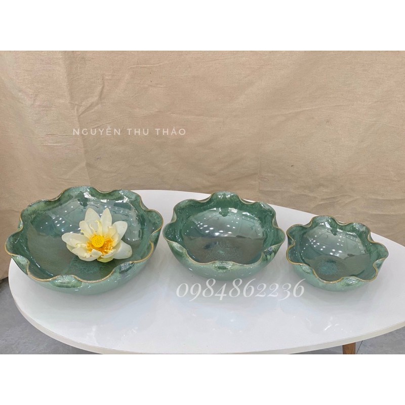 Bát sen thả hoa TẶNG KÈM ĐẾ SỨ VÀ HOA- Bát thả hoa ban thần tài men hoả biến Bát Tràng -Bát minh đường tụ thuỷ