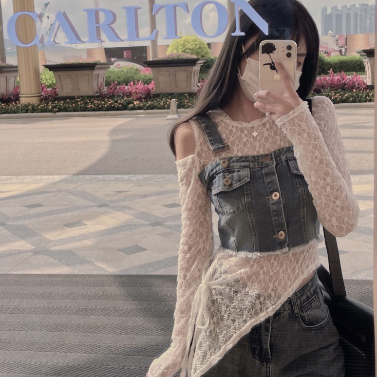 SET ÁO REN DÀI TAY VẠT CHÉO + ÁO DENIM HAI DÂY NỮ CÁ TÍNH ULZZANG AK307