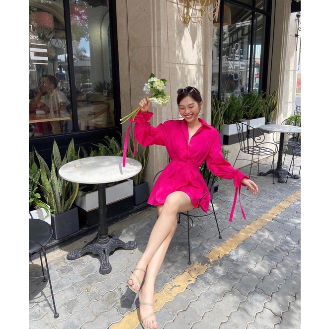 ĐẦM SƠ MI GẠCH HỒNG NƠ TAY BO EO