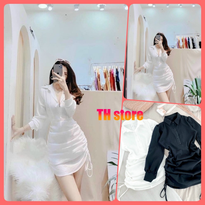 [MÃ TH6739 GIẢM 20% TỐI ĐA 30K ĐƠN TỐI THIỂU 500K] Đầm trắng có cổ bẻ, Váy trắng có cổ bẻ ôm body rút dây