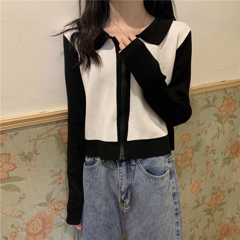 Áo Khoác cardigan Dệt Kim Tay Dài Có Khóa Kéo Màu Sắc Tương Phản Phong Cách Hàn Quốc Thời Trang Cho