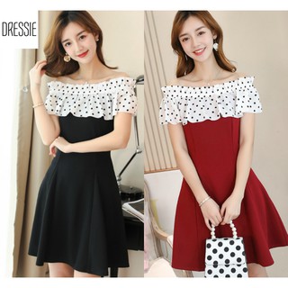 Đầm đẹp váy nữ xòe chấm bi trễ vai - mẫu công sở dạo phố dự tiệc đi đám cưới mới nhất DRESSIE - DX203 (Đen - Đỏ)