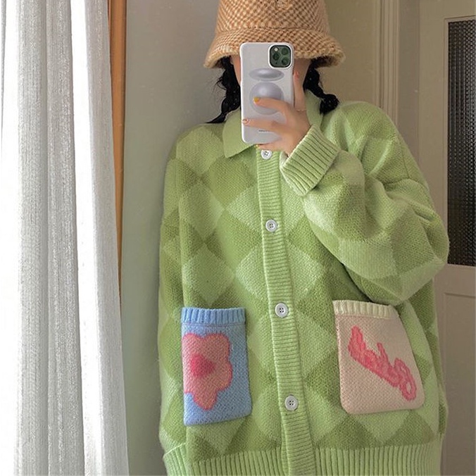 Áo khoác cardigan len dáng rộng kẻ sọc đính đá dễ thương cho nữ