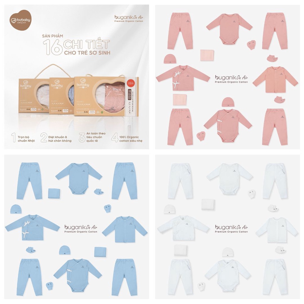 Set quần áo sơ sinh 16 chi tiết giặt sẵn BU Baby