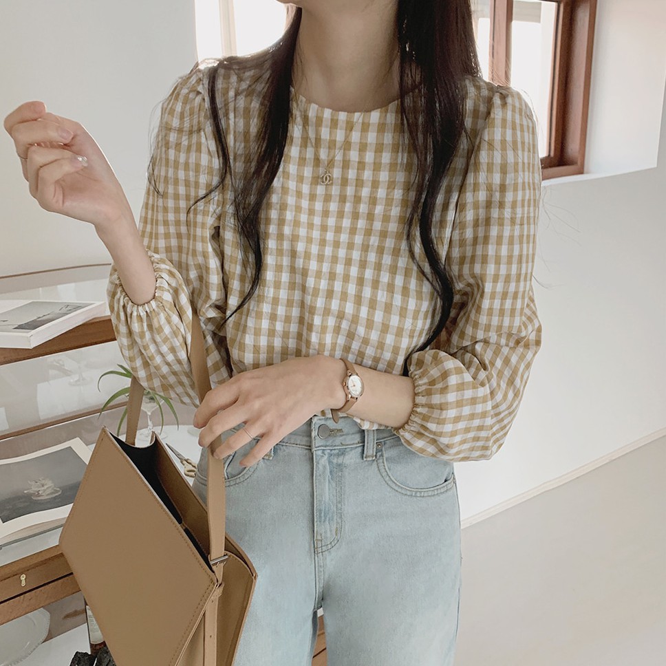 41474 Áo Sơ Mi Tay Dài Cổ Tròn Họa Tiết Kẻ Sọc Ca Rô Phong Cách Hàn Quốc