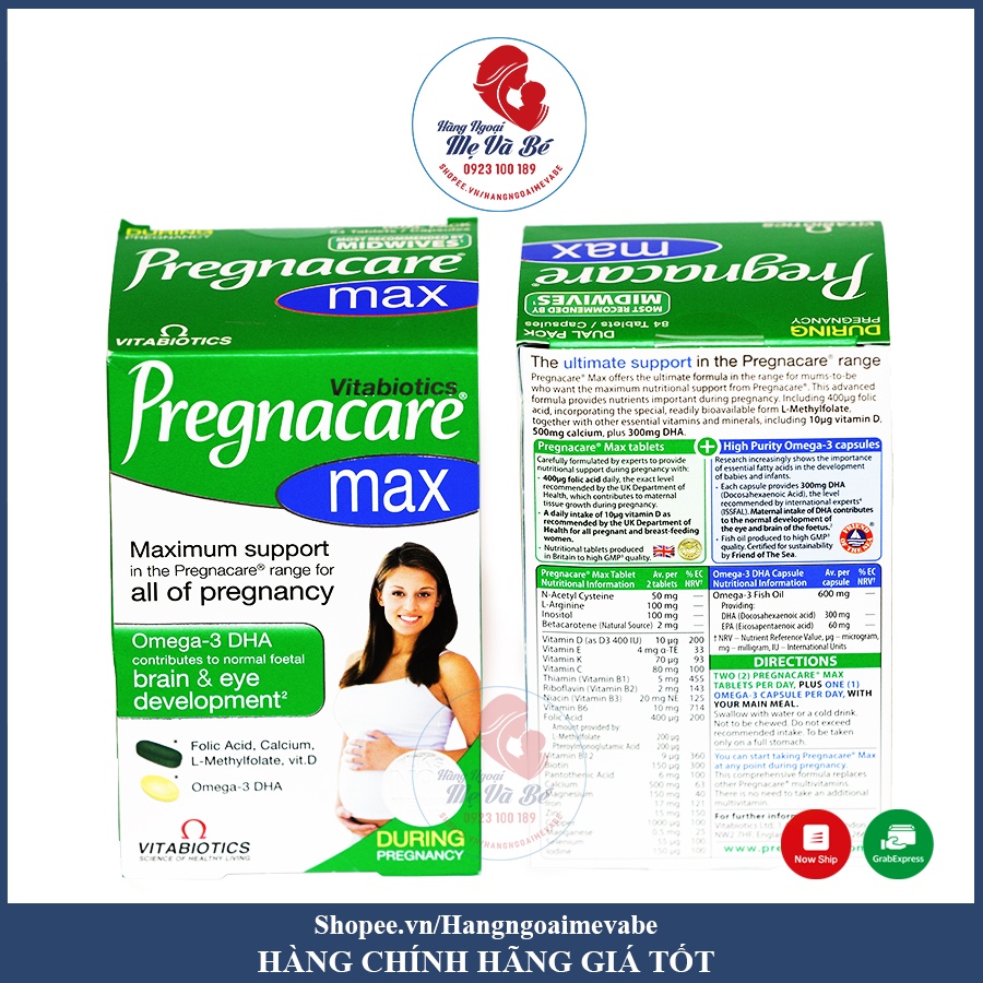 Vitamin tổng hợp cho bà bầu Pregnacare Max, Anh (84 viên) bổ sung Vitamin C, D3, DHA, Axit Folic cho bà bầu, mẹ sau sinh