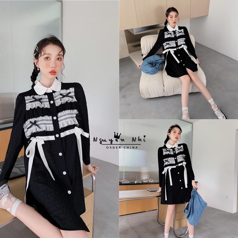 Oder váy cổ sơ mi tay dài kiểu váy xoè rộng bầu bí vẫn mang được