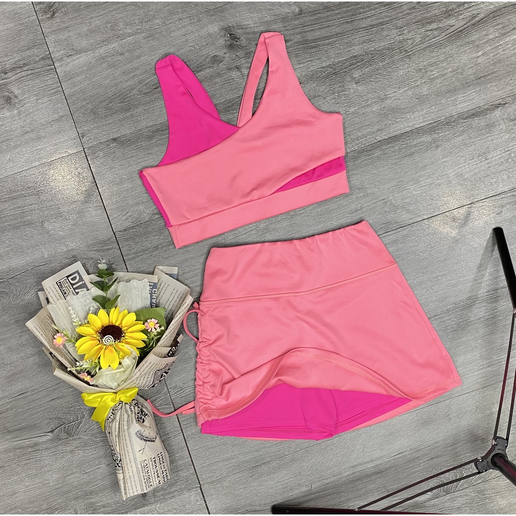 Bộ Đồ Tập Gym Yoga Nữ, Áo Bra Quần Đùi Váy Rút Dây Phối Màu Hot trend Chất Đẹp Co Giãn Tốt